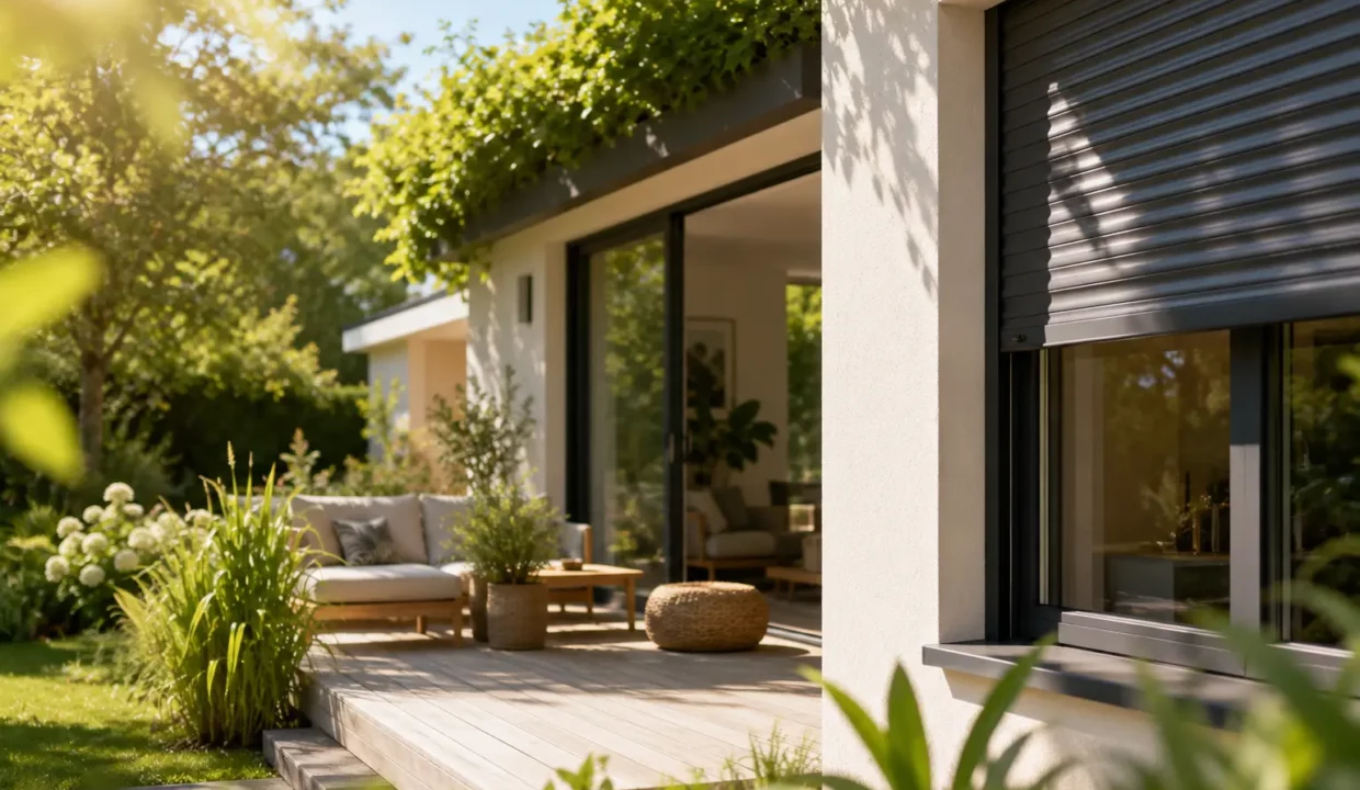 Maison moderne protégée de la chaleur pendant une canicule grâce à une bonne conception et des protections solaires.